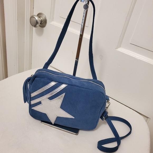 Silver Star and Stripe Blue & Silver Suede Crossbody - Picture 1 of 9